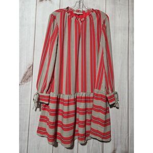 LOFT Striped Red Gray Long Sleeve‎ Ruffle Neck Tiered Dress Size M